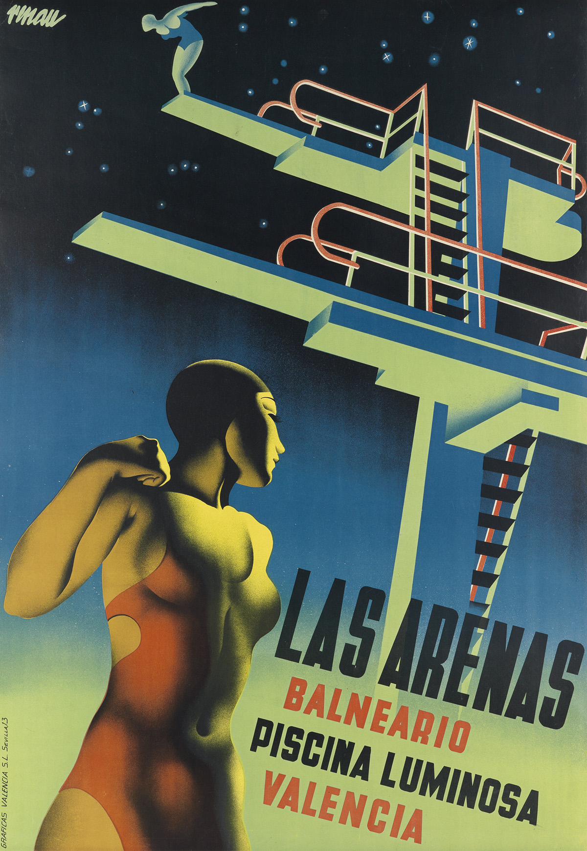 JOSEP RENAU MONTORO (1907-1982). LAS ARENAS BALNEARIO PISCINA LUMINOSA. 1932. 39x27 inches, 99x68 cm. Graficas Valencia, Sevilla.